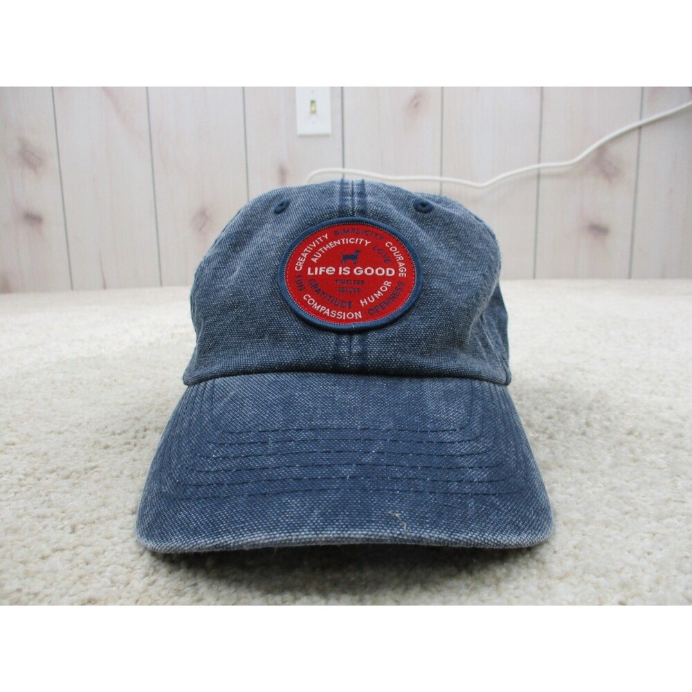 Life Is Good Hat Cap Strap Back Denim Blue Red Dog Patch Casual Mens